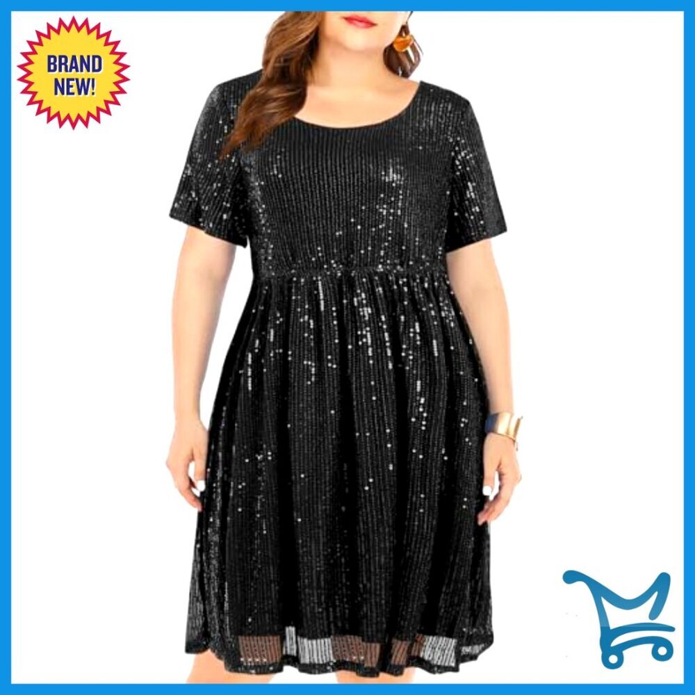 Sequin Mini Dress A-Line Pleated Scoop Neck Cocktail Party Elegant - Picture 2 of 7